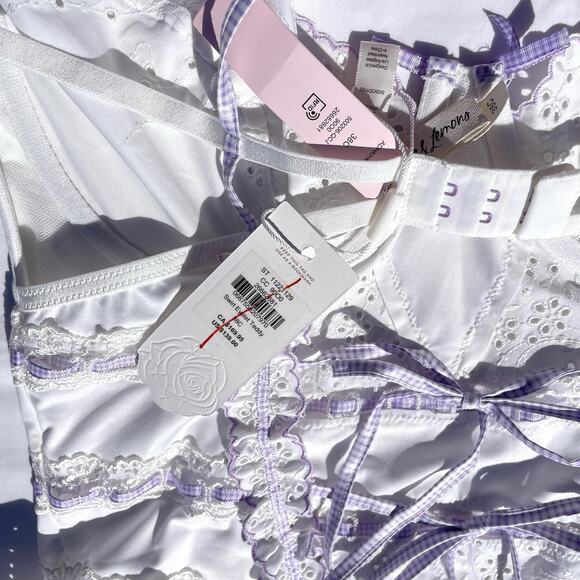 For Love & Lemons Swirl Eye Teddy 38C White Purple Eyelet Thong Lingerie Dainty - Picture 7 of 8